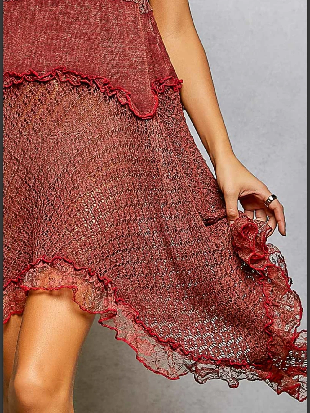 NEW ARRIVAL❣️ Powder Brick Red Crochet Ruffle Fit And Flare Airy  Sundress NIP - Picture 13 of 15